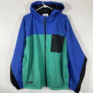 Champion Full Zip Hooded Windbreaker Jacket Mens 2XL Blue Teal Mesh Lined EUC